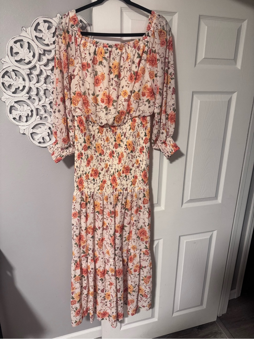 Vici Floral Off-Shoulder Maxi Dress in Cream and Coral